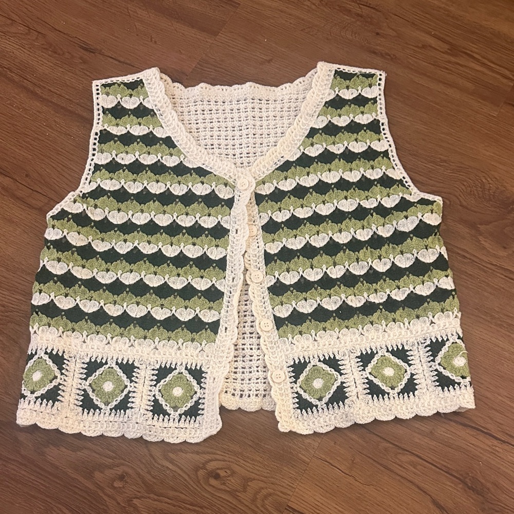 Crochet Vest with Green and White Pattern